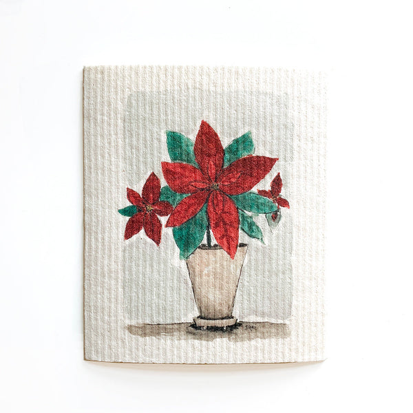 Red Flowers Tea Towel + Poinsettia Swedish Dishcloth Bundle