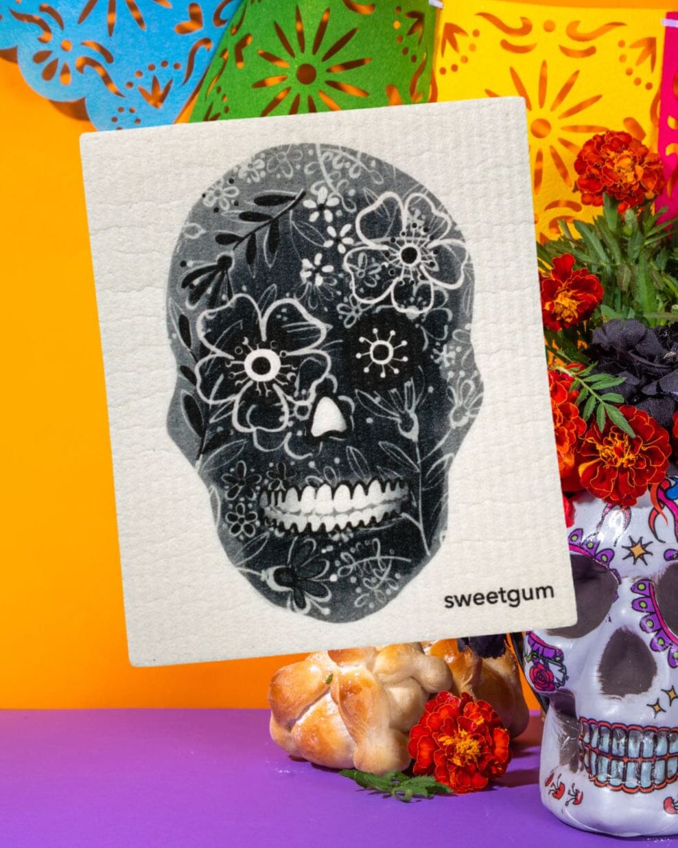 Black Flower Skull Swedish Dishcloth | Halloween &amp; Dia de los Muertos Swedish Dishcloths sweetgum textiles company, LLC 