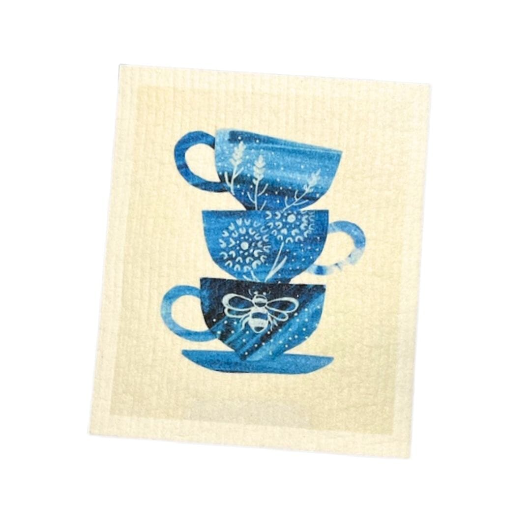 Bloom in Blue Stacked Teacups Swedish Dishcloth Swedish Dishcloths sweetgum textiles company, LLC 