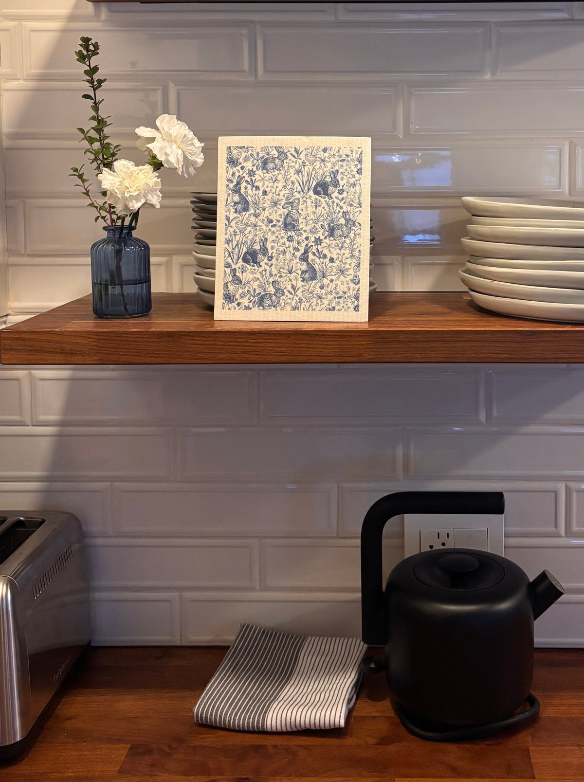 Blue Bunnies in Meadow | Spring Toile Swedish dishcloth Swedish Dishcloths SWEETGUM TEXTILES CO., LLC 