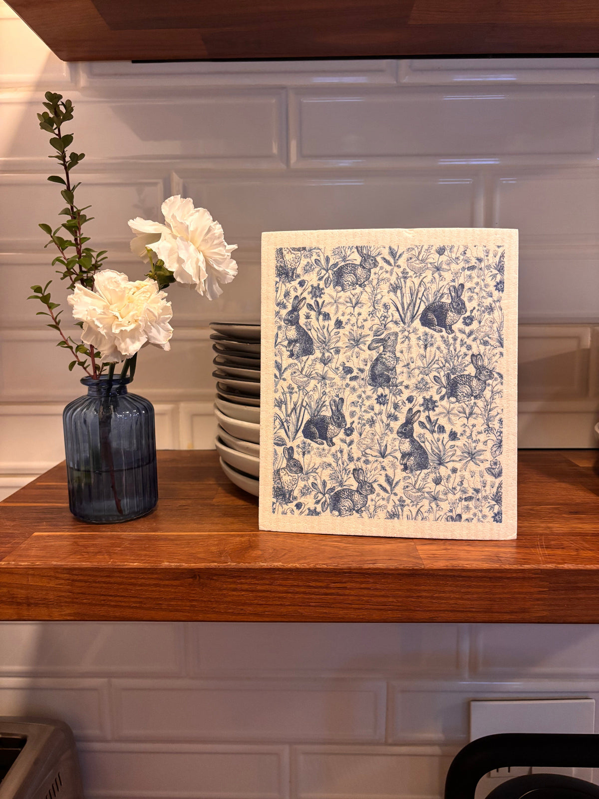 Blue Bunnies in Meadow | Spring Toile Swedish dishcloth Swedish Dishcloths SWEETGUM TEXTILES CO., LLC 