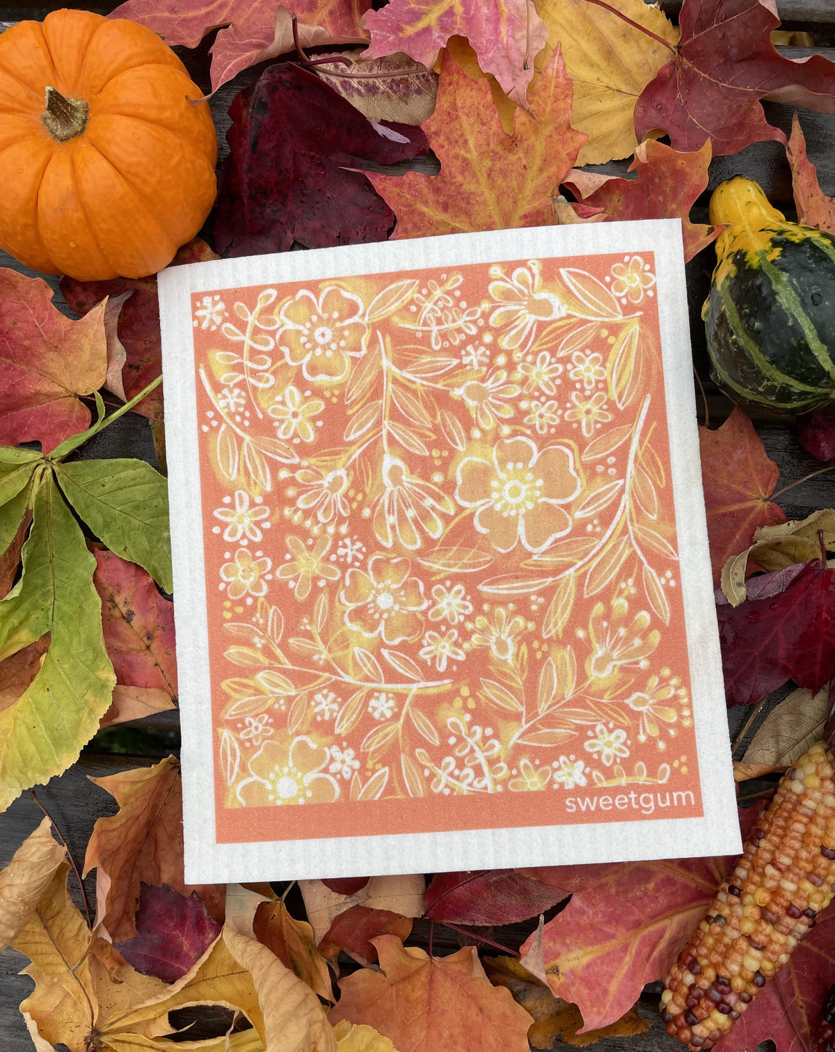 Flowers & Leaves Swedish Dishcloth | Orange | Sweetgum Home Swedish Dishcloths sweetgum textiles company, LLC 
