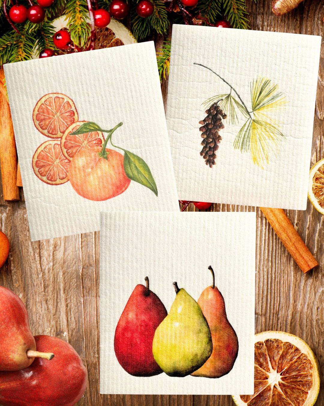 Hostess set of 3 | Pears, Tangerine, and Pinecone (Botanical artist Cara Cummings) Swedish Dishcloths sweetgum textiles company, LLC 