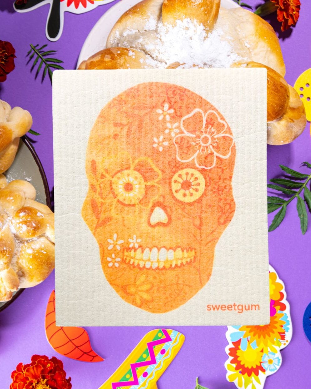 Orange Flower Skull Swedish Dishcloth | Halloween &amp; Dia de los Muertos Swedish Dishcloths sweetgum textiles company, LLC 