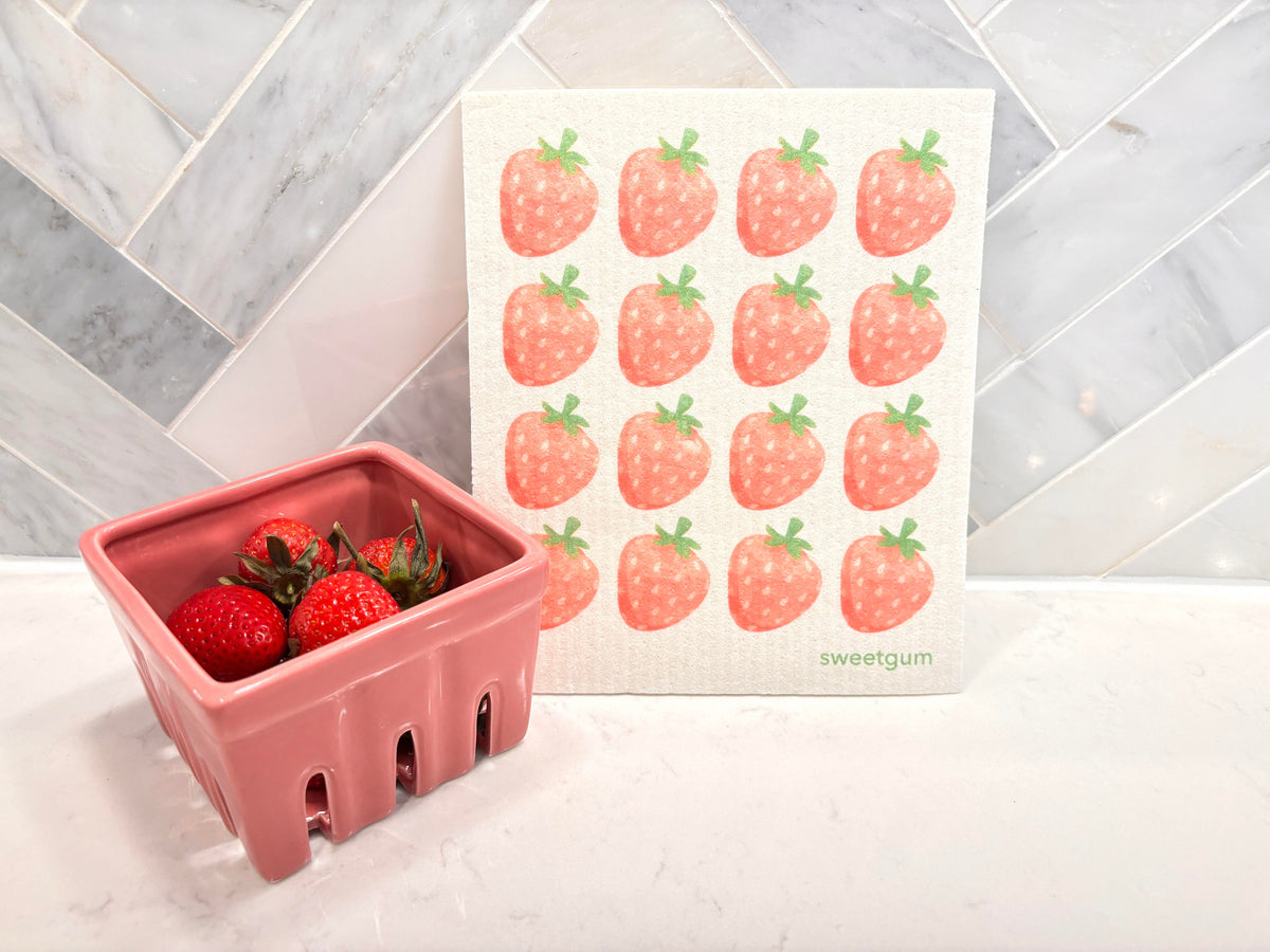 Strawberries Swedish dishcloth | pink and green Swedish Dishcloths SWEETGUM TEXTILES CO., LLC 
