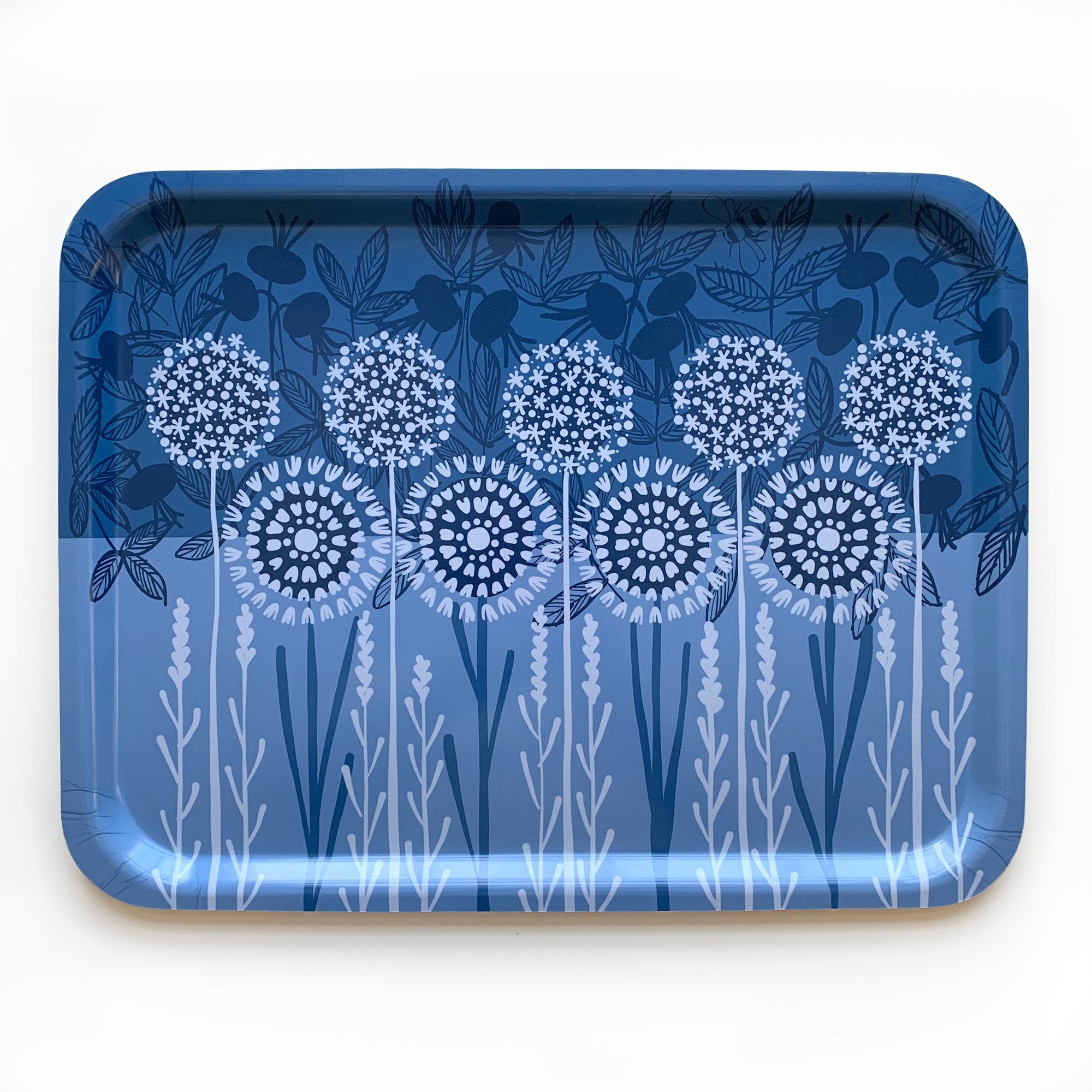 Bloom in Blue Tray | wood and melamine | 17" x 13" | Sweetgum sweetgum textiles company, LLC 