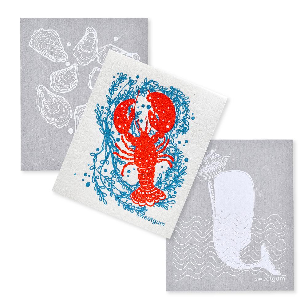 Bundle of 3 Swedish Dishcloths | Lobster, Oysters &amp; Whale Swedish Dishcloths sweetgum textiles company, LLC 