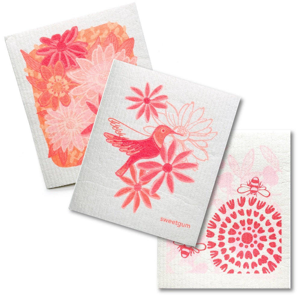 Bundle of 3 Swedish Dishcloths | Pink Flowers & Hummingbird Swedish Dishcloths sweetgum textiles company, LLC 