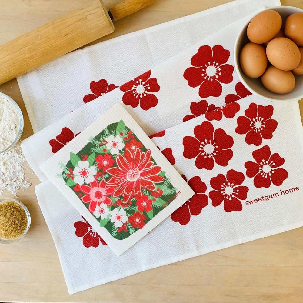 Christmas Flowers Tea Towel + 1 Swedish Dishcloth Gift Set - sweetgum home,  LLC