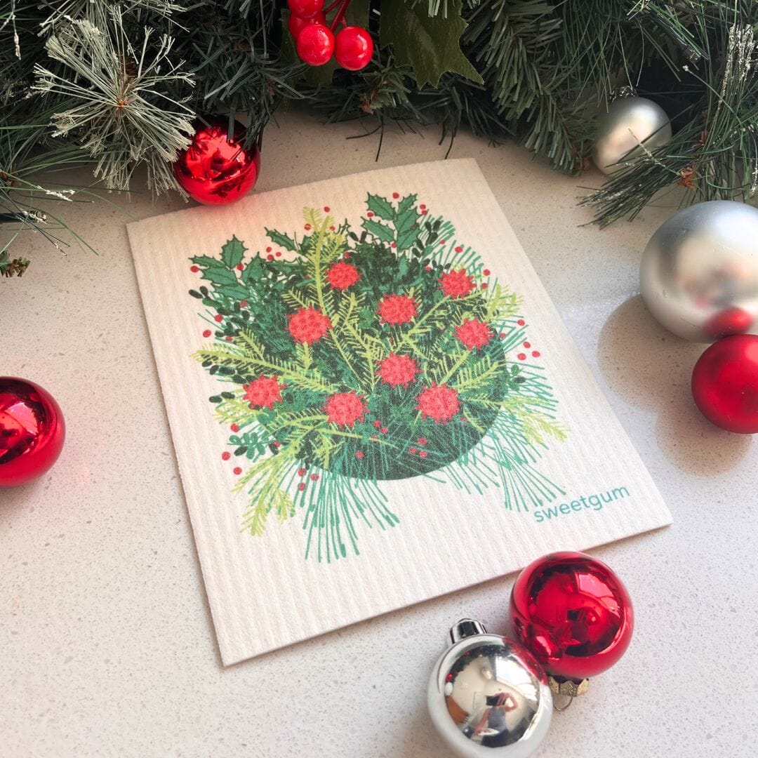 Christmas Greens Bouquet with Sweetgum Balls | Red &amp; Green Swedish Dishcloths sweetgum textiles company, LLC 