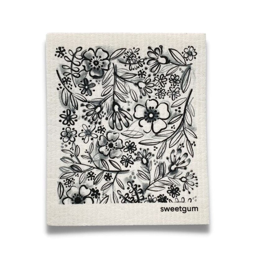 Flowers &amp; Leaves Swedish Dishcloth | Black &amp; White | Sweetgum Home Swedish Dishcloths sweetgum textiles company, LLC 