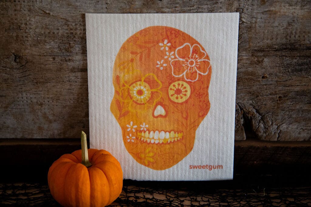 Halloween Skull Swedish Dishcloth | Orange Swedish Dishcloths sweetgum textiles company, LLC 