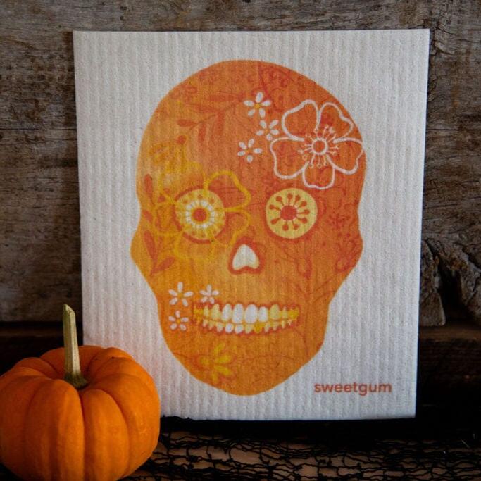 Halloween Skull Swedish Dishcloth | Orange Swedish Dishcloths sweetgum textiles company, LLC 