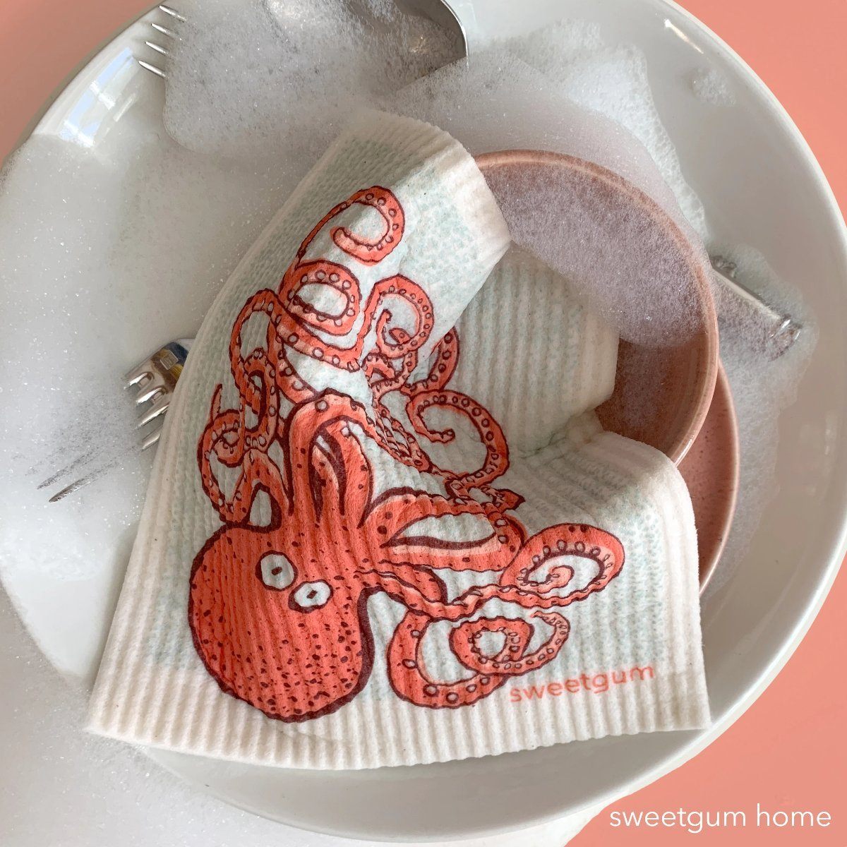Octopus Swedish Dishcloth | Pink/ Coral | 8&quot; x 6.75&quot; | Sweetgum Swedish Dishcloths SWEETGUM TEXTILES CO., LLC 