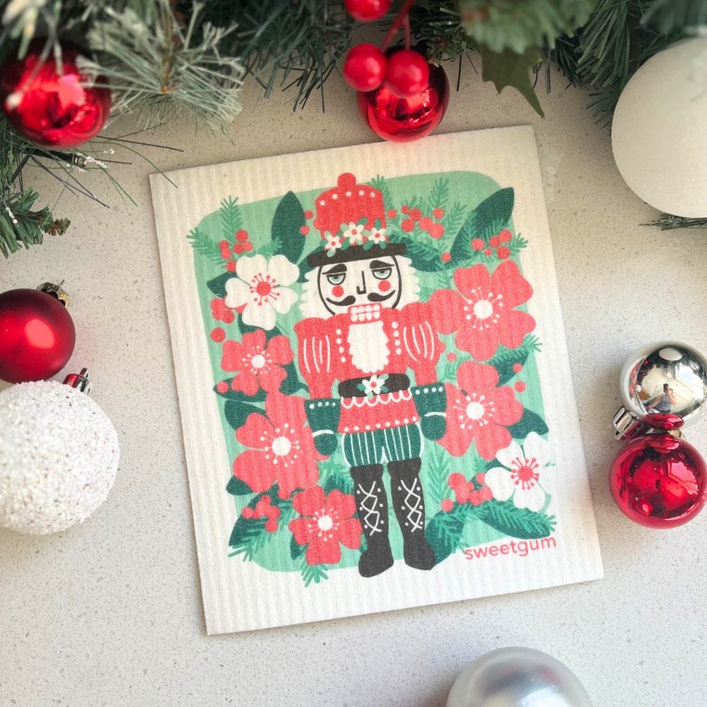 Red & Green Nutcracker with Christmas Flowers Swedish Dishcloths sweetgum textiles company, LLC 