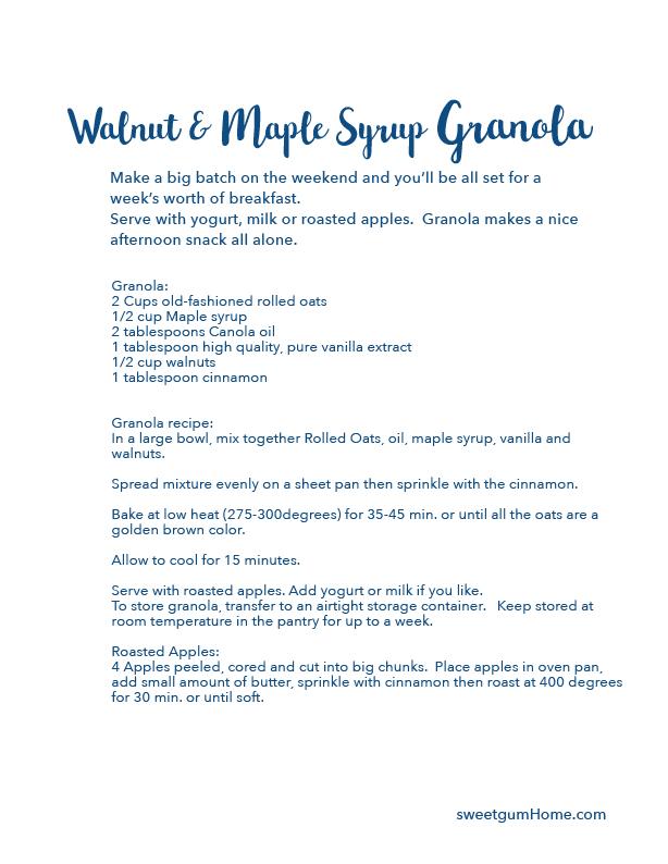 Walnut and Maple Syrup Granola recipe sweetgum textiles company, LLC 